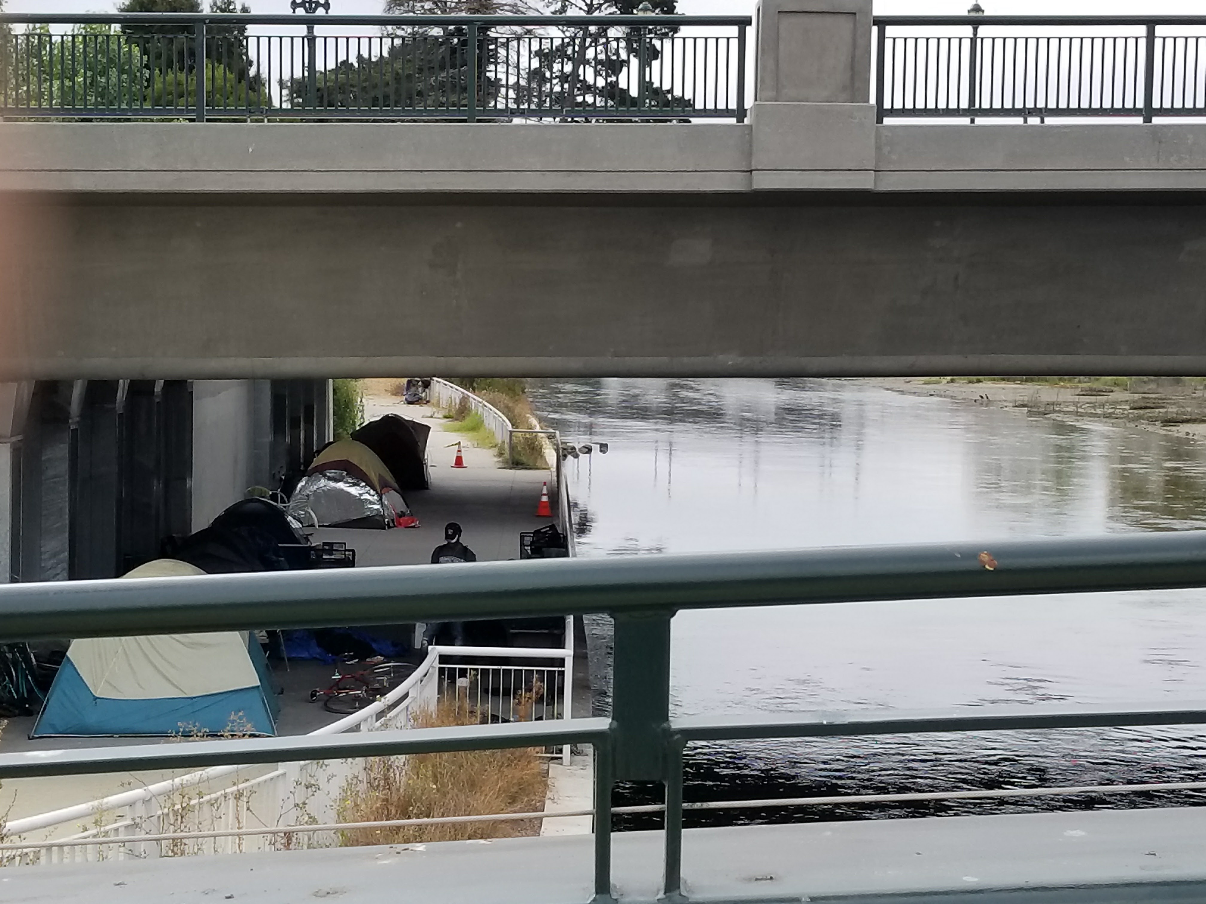 Well kept homeless tent area other side of west Lake area leading out to newly opened Embarcadero 'feed' with trails on either side