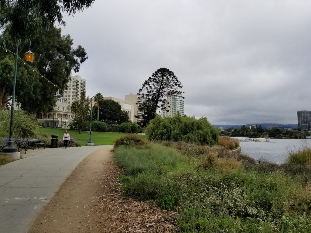 Southwest corner of Lake Merritt with recently installed new walking and jogging path and greenery