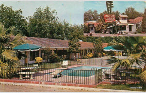 Postcard from 1950s of still active 'Modern Motor Lodge' Lodi CA replete with 
fun 'sales' description on back. Motel survives today, even with preserved sign in its  original decay